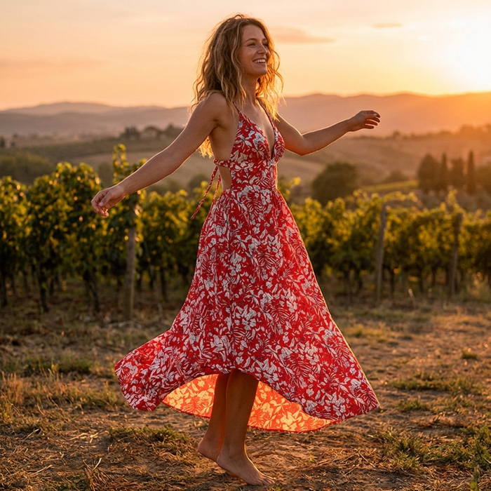 Women's Floral Backless Summer Dress – Strap A-Line Midi Dress with V-Neck, Adjustable Tie-Up & Lightweight Elegant Design