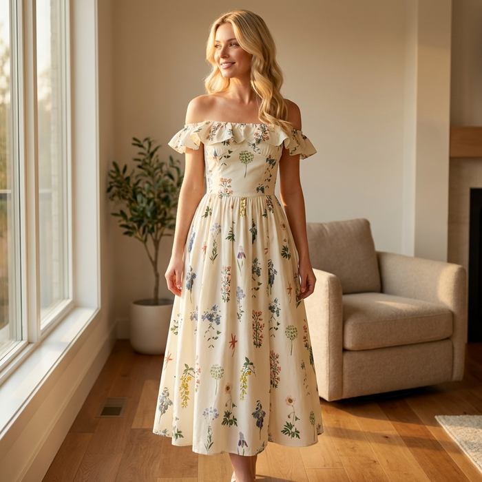 Women's Floral Chiffon Maxi Dress – Square Neck Summer Dress with Lotus Leaf Sleeves, Slim Waist Fit & Elegant Flowing Design