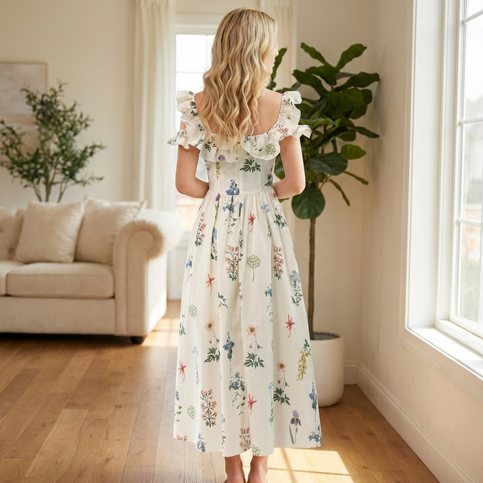 Women's Floral Chiffon Maxi Dress – Square Neck Summer Dress with Lotus Leaf Sleeves, Slim Waist Fit & Elegant Flowing Design
