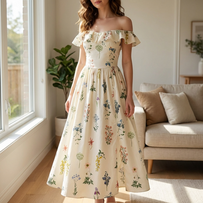 Women's Floral Chiffon Maxi Dress – Square Neck Summer Dress with Lotus Leaf Sleeves, Slim Waist Fit & Elegant Flowing Design