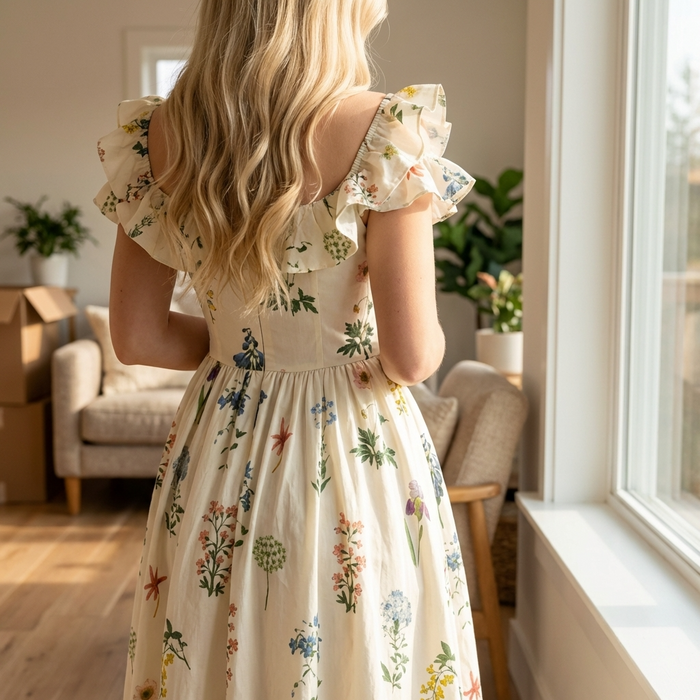 Women's Floral Chiffon Maxi Dress – Square Neck Summer Dress with Lotus Leaf Sleeves, Slim Waist Fit & Elegant Flowing Design