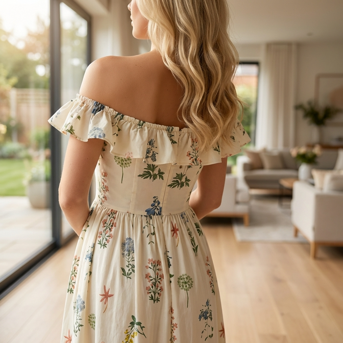 Women's Floral Chiffon Maxi Dress – Square Neck Summer Dress with Lotus Leaf Sleeves, Slim Waist Fit & Elegant Flowing Design
