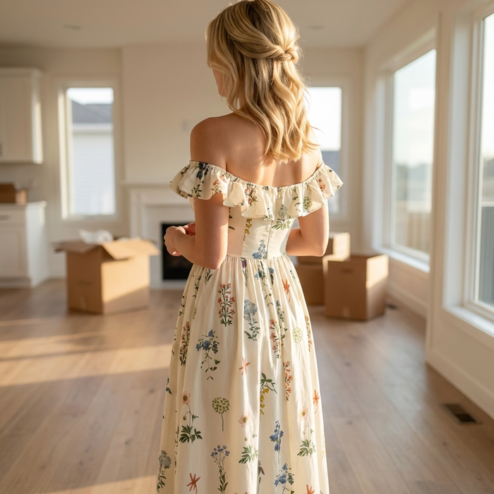 Women's Floral Chiffon Maxi Dress – Square Neck Summer Dress with Lotus Leaf Sleeves, Slim Waist Fit & Elegant Flowing Design