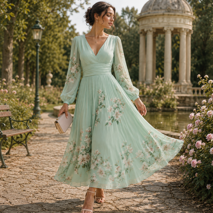 Women's Floral Digital Print Long-Sleeve V-Neck Pleated Dress
