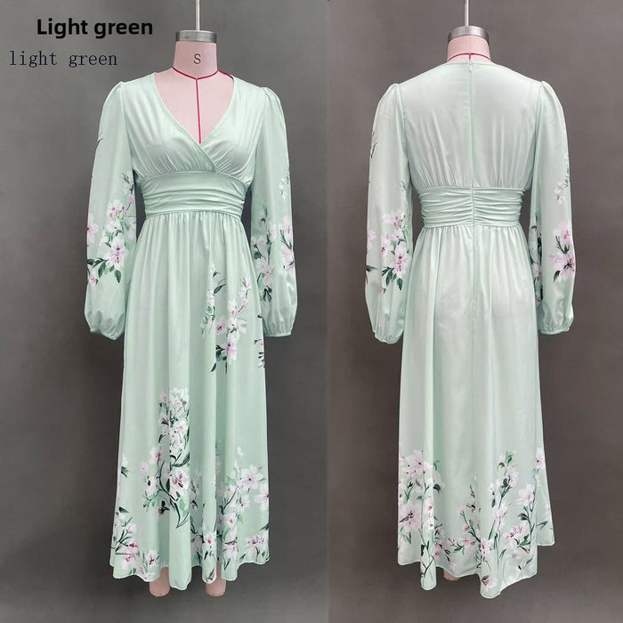 Women's Floral Digital Print Long-Sleeve V-Neck Pleated Dress