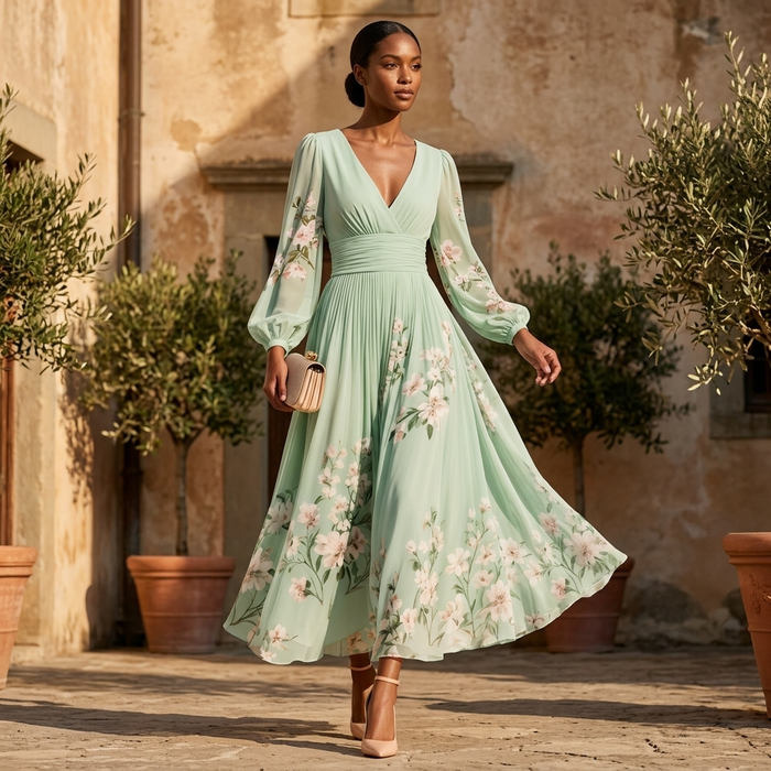 Women's Floral Digital Print Long-Sleeve V-Neck Pleated Dress