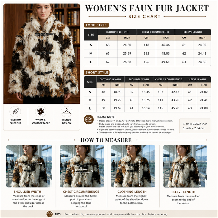 Women's Floral Faux Fur Coat – Eco-Friendly Plush Lapel Winter Jacket, Short or Long, S–L