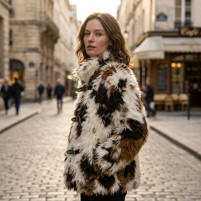 Women's Floral Faux Fur Coat – Eco-Friendly Plush Lapel Winter Jacket, Short or Long, S–L