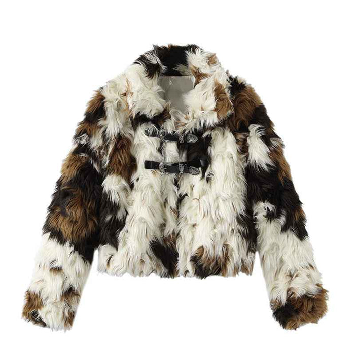 Women's Floral Faux Fur Coat – Eco-Friendly Plush Lapel Winter Jacket, Short or Long, S–L