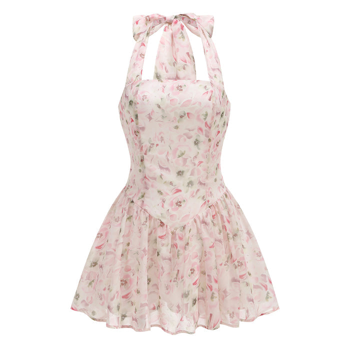 Women's Floral Halter Neck Chiffon Mini Dress