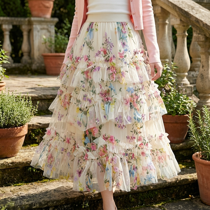 Women's Floral Mesh A-Line Midi Skirt – Princess Cake Skirt