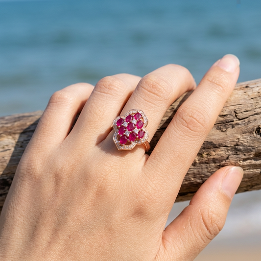 Women's Floral Natural Ruby Ring — S925 Silver with 18K Gold Electroplating ADJUSTABLE SIZE