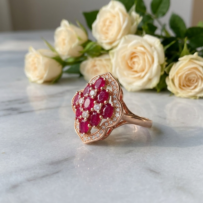 Women's Floral Natural Ruby Ring — S925 Silver with 18K Gold Electroplating ADJUSTABLE SIZE