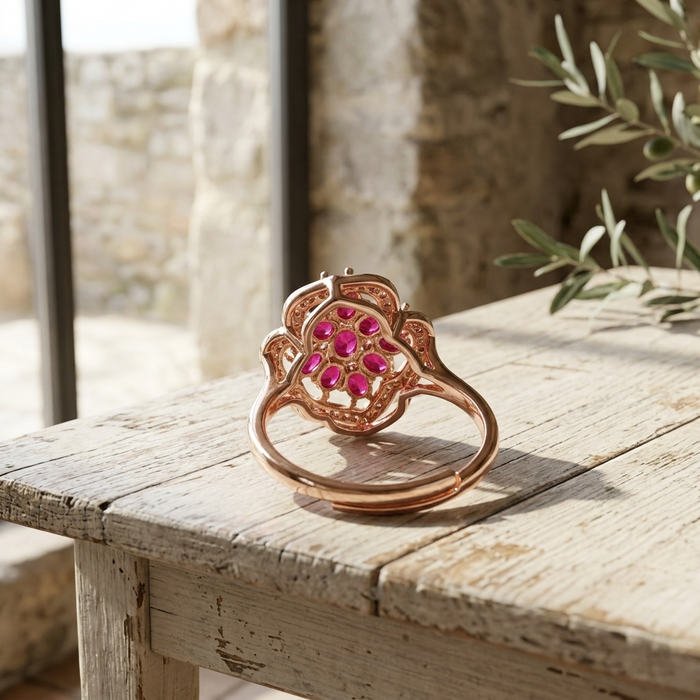 Women's Floral Natural Ruby Ring — S925 Silver with 18K Gold Electroplating ADJUSTABLE SIZE