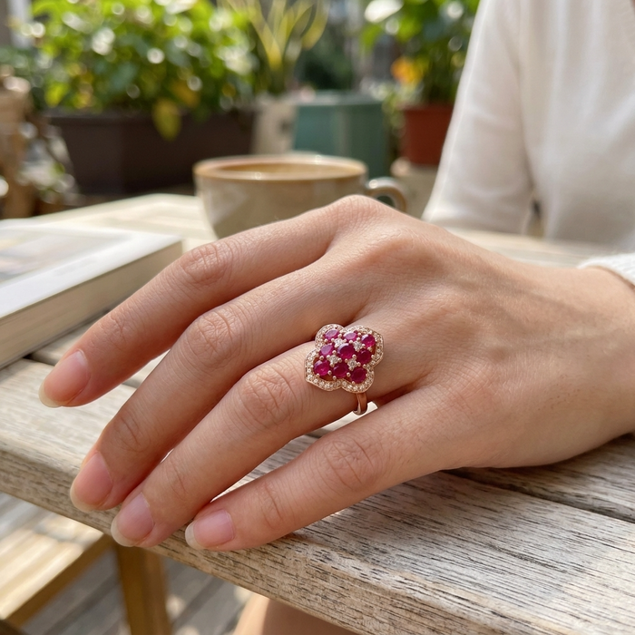 Women's Floral Natural Ruby Ring — S925 Silver with 18K Gold Electroplating ADJUSTABLE SIZE