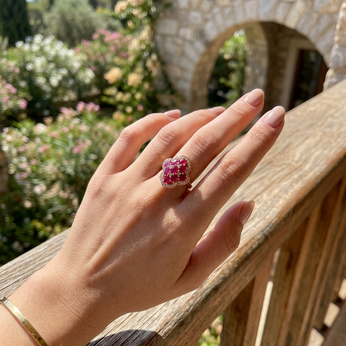 Women's Floral Natural Ruby Ring — S925 Silver with 18K Gold Electroplating ADJUSTABLE SIZE
