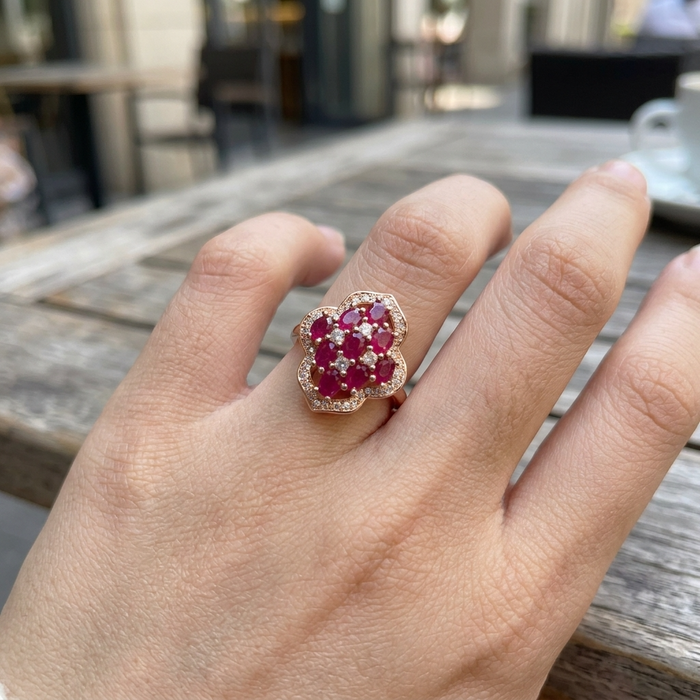Women's Floral Natural Ruby Ring — S925 Silver with 18K Gold Electroplating ADJUSTABLE SIZE