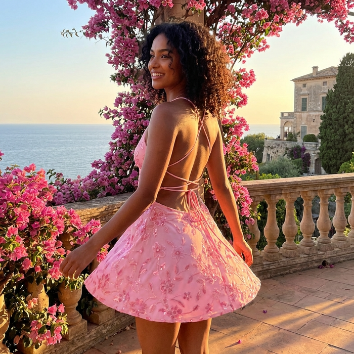 Women's Floral Sequin Backless Mini Dress – Deep V-Neck Slim Fit Spaghetti Strap Sparkly Party Dress