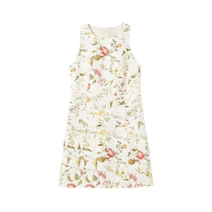 Women's French Jacquard A-Line Dress – Sleeveless High-Waist Business Midi