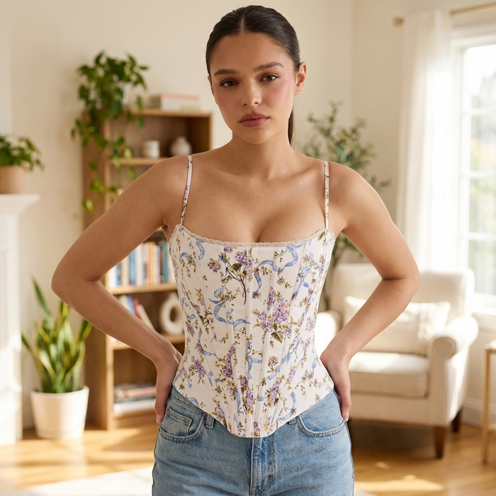 Women's French Retro Floral Sleeveless Top – Slim Fit Cropped Tank with Vintage Print, Waist-Cinching Design & Chic Summer Style