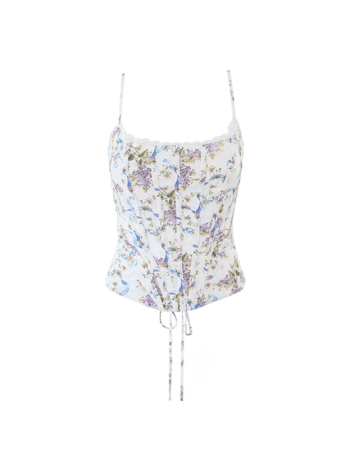 Women's French Retro Floral Sleeveless Top – Slim Fit Cropped Tank with Vintage Print, Waist-Cinching Design & Chic Summer Style