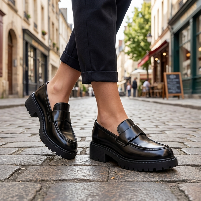 Women's Full Leather Chunky Heel Slip-On Loafers – Cowhide Block Heel