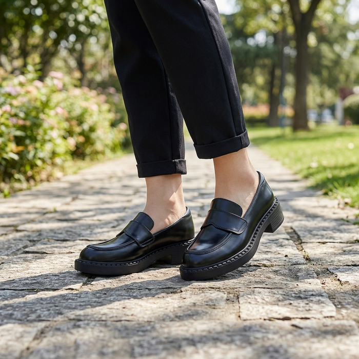 Women's Full Leather Chunky Heel Slip-On Loafers – Cowhide Block Heel