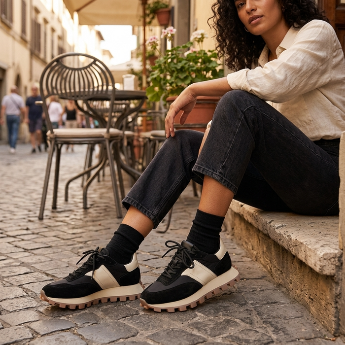 Women's Genuine Leather Color Block Sneakers