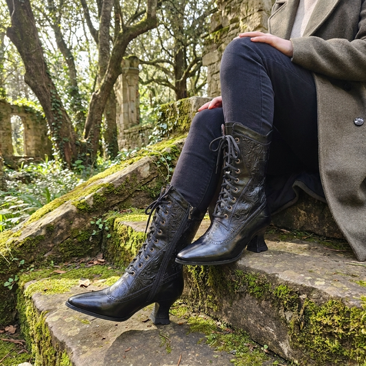 Women’s Genuine Sheepskin Mid-Calf Boots – Vintage Lace-Up with Carved Special-Shaped Heel