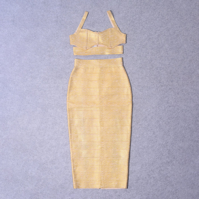 Women's Gold-Embossed Bandage Crop Top & Long Skirt Set