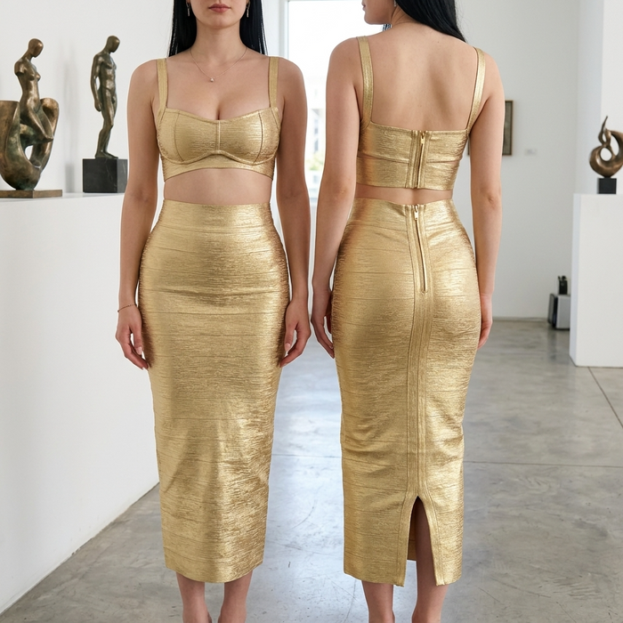 Women's Gold-Embossed Bandage Crop Top & Long Skirt Set