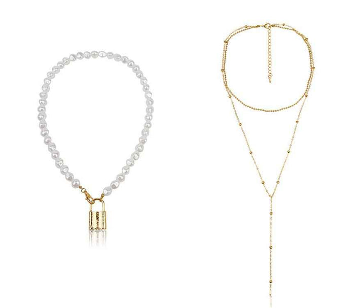 Women's Gold-Plated Pearl Necklace – Lock Pendant Multi-Layer Cross Chain