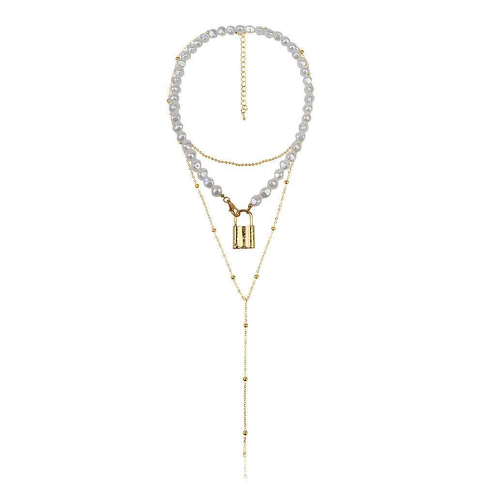 Women's Gold-Plated Pearl Necklace – Lock Pendant Multi-Layer Cross Chain