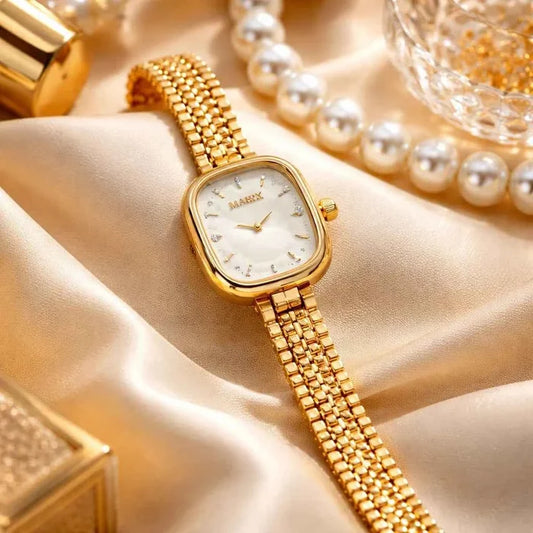 Women's Gold Rectangular Quartz Watch – Slim Stainless Steel Strap, 30M Waterproof, Business Fashion Wristwatch (FW-3060)