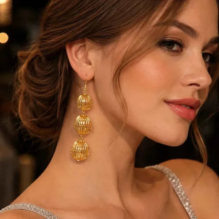 Women's Golden Lantern Metal Earrings – 3D Southern French Inspired Design, Ear Hook or Spiral Clip, Year-Round