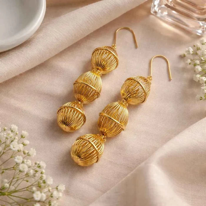 Women's Golden Lantern Metal Earrings – 3D Southern French Inspired Design, Ear Hook or Spiral Clip, Year-Round