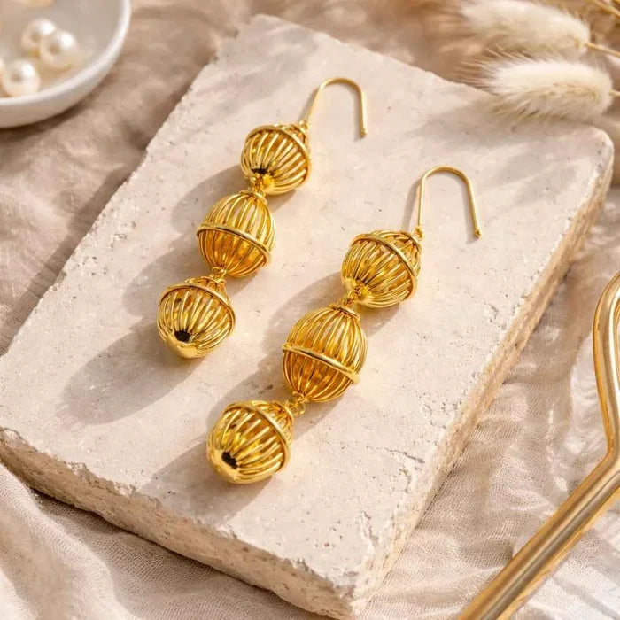 Women's Golden Lantern Metal Earrings – 3D Southern French Inspired Design, Ear Hook or Spiral Clip, Year-Round