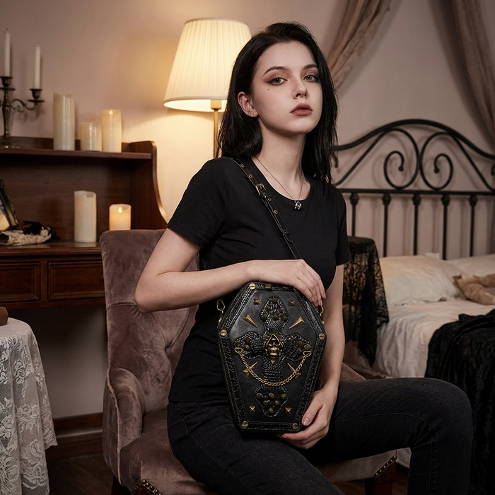 Women's Gothic Coffin Shape Crossbody Bag – PU Leather Shoulder Purse with Chain Detail & Adjustable Strap