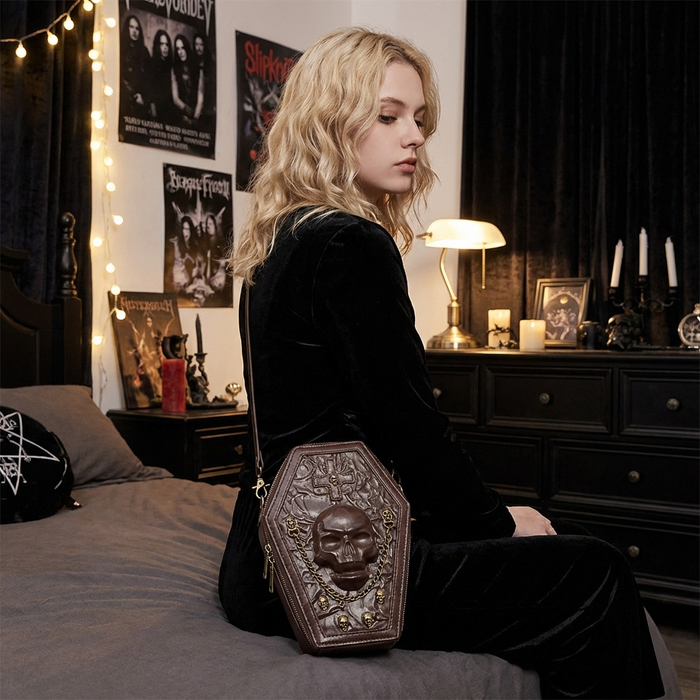 Women's Gothic Coffin Shape Crossbody Bag – PU Leather Shoulder Purse with Chain Detail & Adjustable Strap