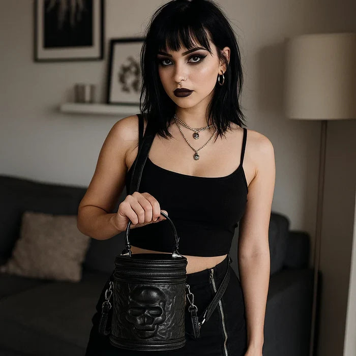 Women's Gothic Coffin Shape Crossbody Bag – PU Leather Shoulder Purse with Chain Detail & Adjustable Strap