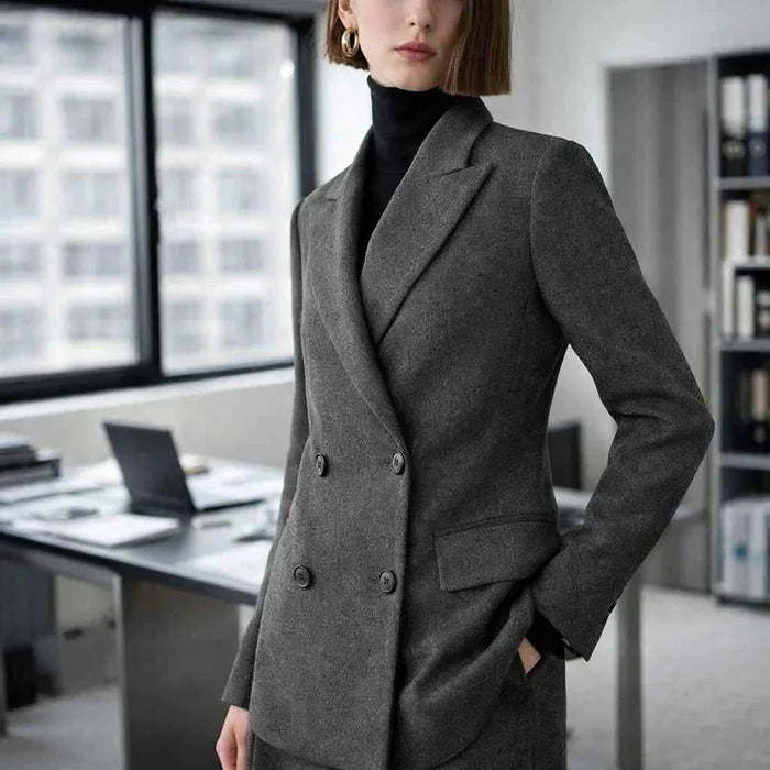 Women's Gray Double-Breasted Suit Jacket – Retro Tailored Office Blazer, Medium Length