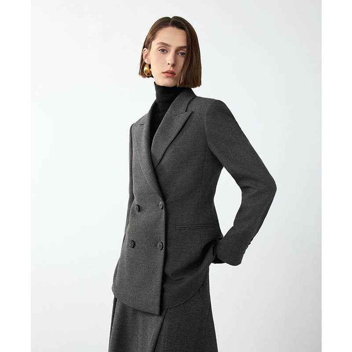 Women's Gray Double-Breasted Suit Jacket – Retro Tailored Office Blazer, Medium Length