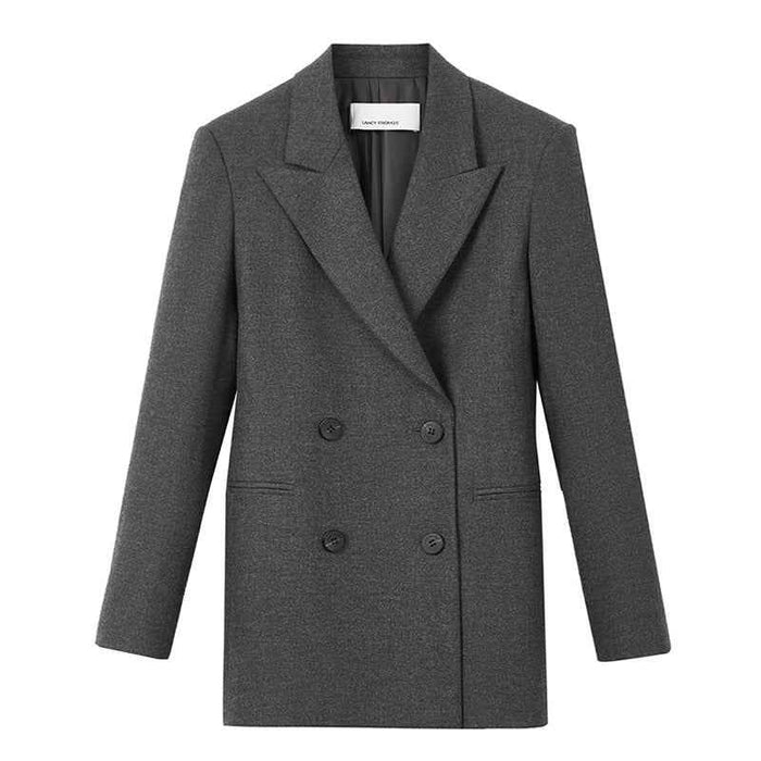Women's Gray Double-Breasted Suit Jacket – Retro Tailored Office Blazer, Medium Length