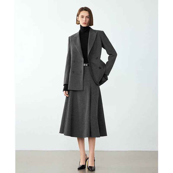 Women's Gray Double-Breasted Suit Jacket – Retro Tailored Office Blazer, Medium Length
