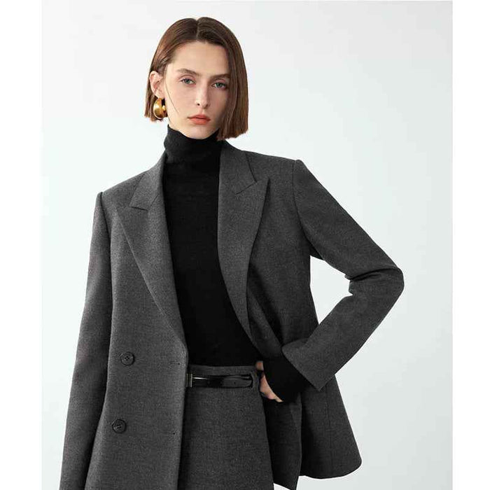 Women's Gray Double-Breasted Suit Jacket – Retro Tailored Office Blazer, Medium Length