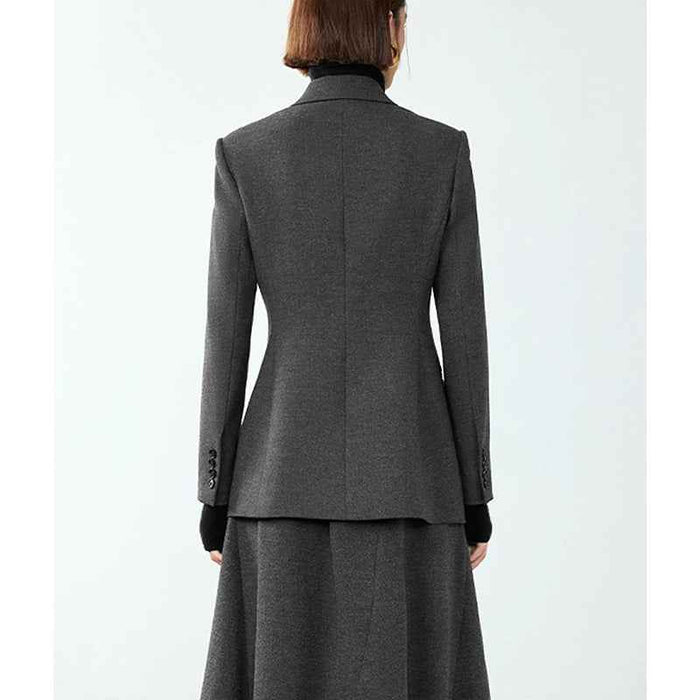 Women's Gray Double-Breasted Suit Jacket – Retro Tailored Office Blazer, Medium Length