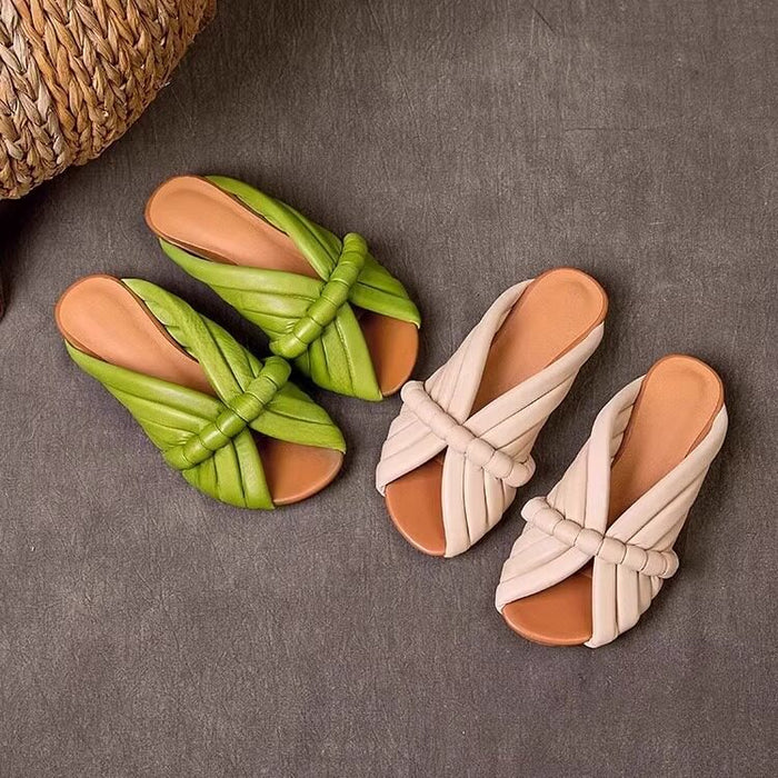 Women's Hand-Woven Leather Peep-Toe Slippers – Arch Support Slip-On Sandals