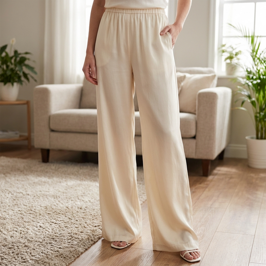 Women's High-End Acetate Wide-Leg Pants – Satin Feel High Waist Trousers with Flowy Drape, Cooling Comfort