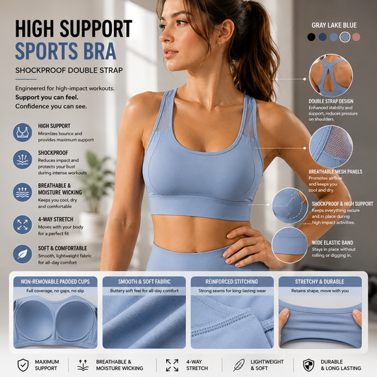 Women's High-Support Sports Bra – Shockproof Double Strap