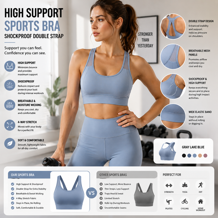 Women's High-Support Sports Bra – Shockproof Double Strap